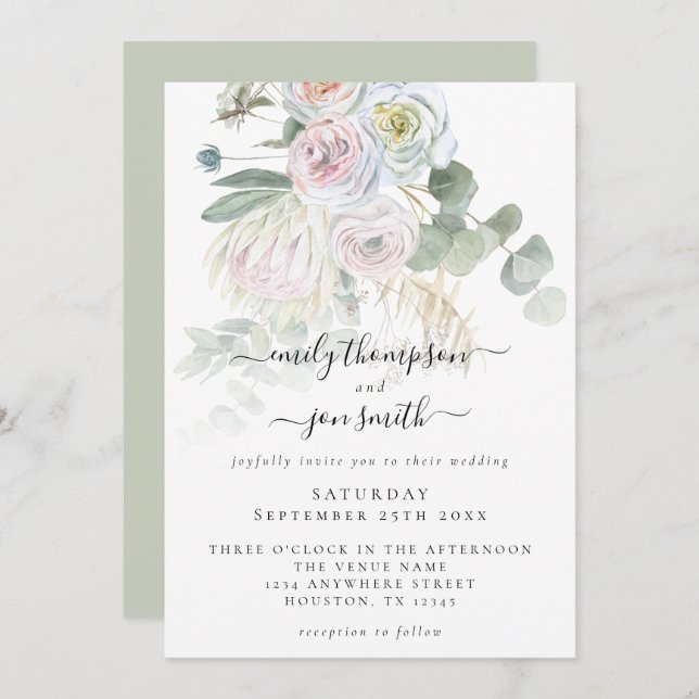 Elegant Boho Florals Eucalyptus Pastel Wedding Invitation (Front/Back)