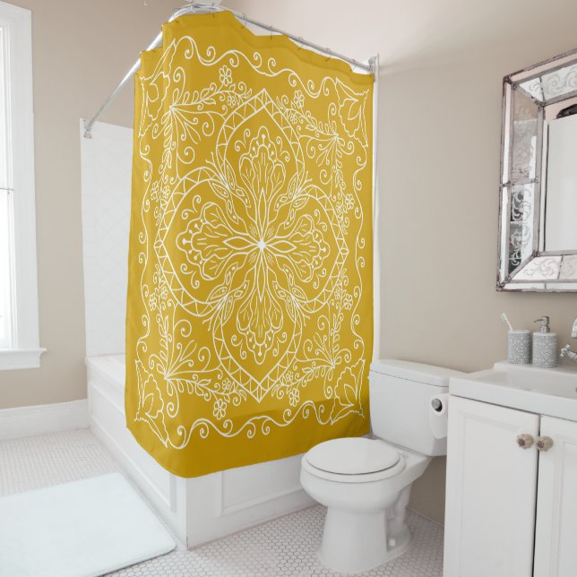 Elegant Boho Flourish Pattern Mustard Yellow Shower Curtain (In Situ)