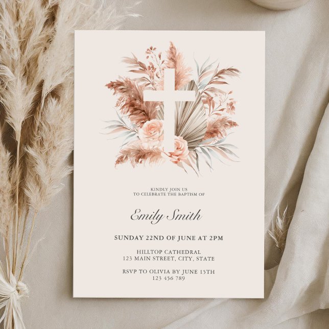 Elegant Boho Girl Floral Baptism Invitation (Creator Uploaded)