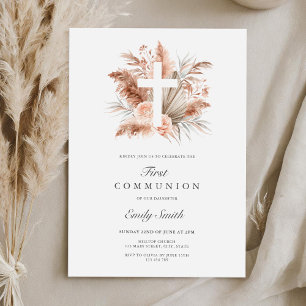 Elegant Boho Girl Floral First Communion Invitation