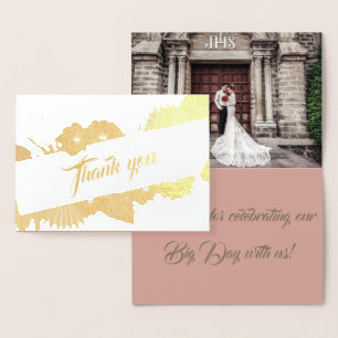 Elegant Boho Gold Floral Photo Wedding Thank You Foil Card