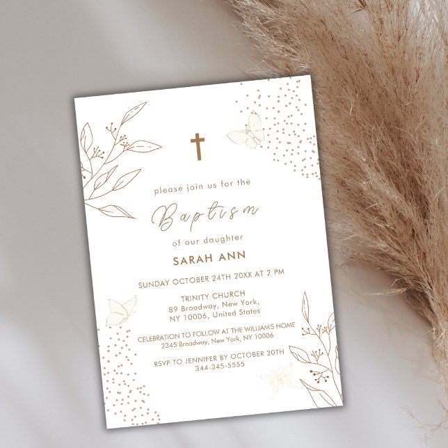 Elegant Boho Gold Leaves Butterfly Cross Baptism Invitation (Elegant Boho Gold Leave Butterfly Cross Baptism Invitation)