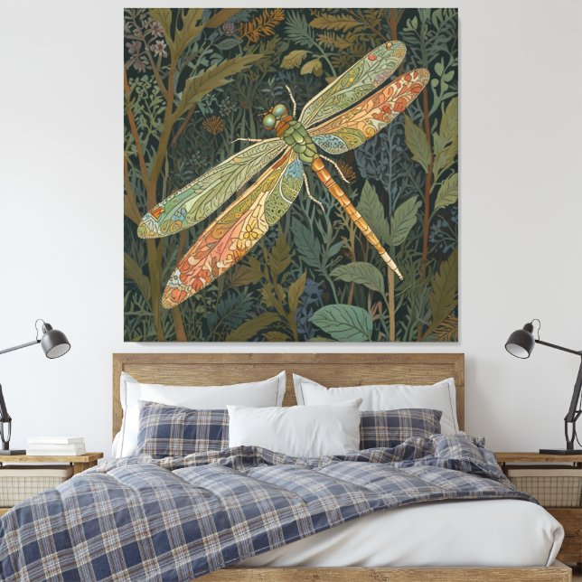 Elegant boho green dragonfly canvas print (Insitu(Bedroom))