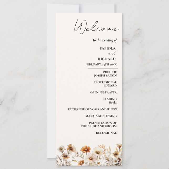 Elegant Boho Green Wildflower Wedding Program Card (Front)