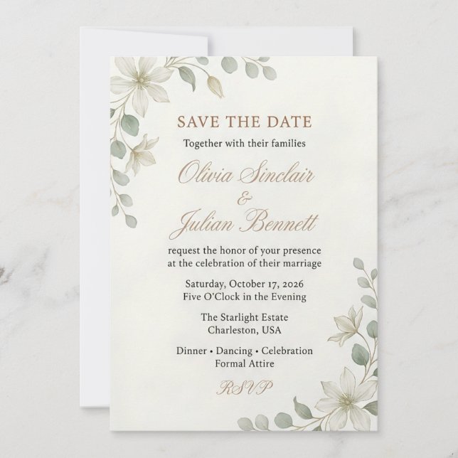 Elegant Boho Greenery and Beige Floral Wedding Invitation (Front)