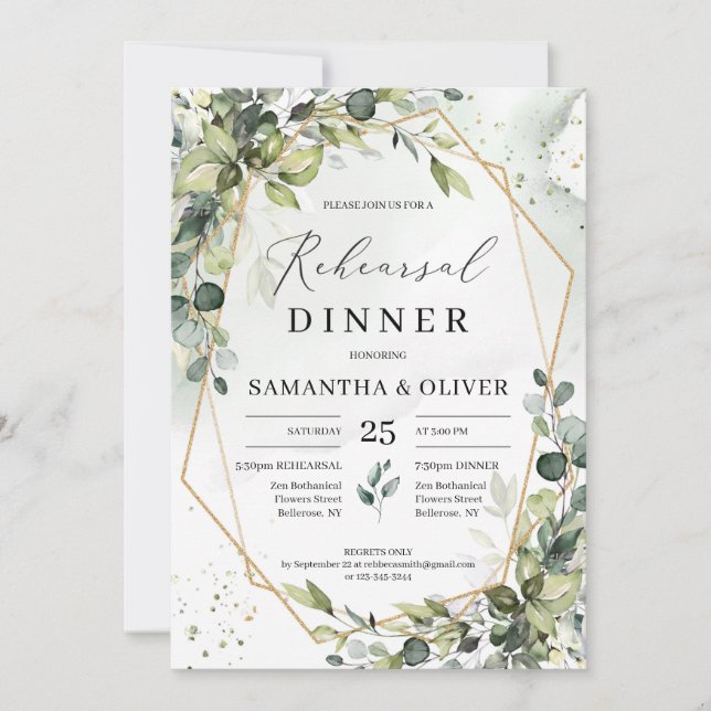 Elegant boho greenery gold geometric rehearsal invitation (Front)