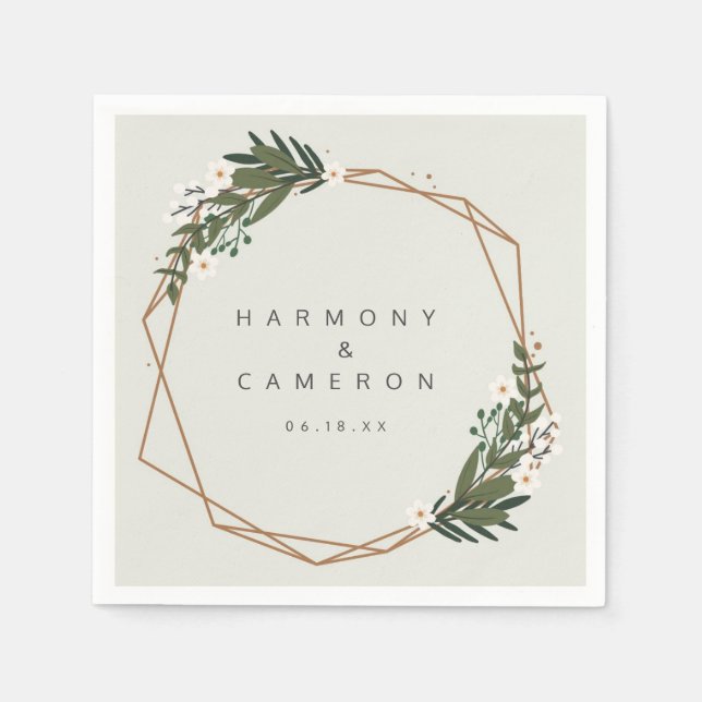 Elegant Boho Greenery Gold Geometric Wedding Napkin (Front)