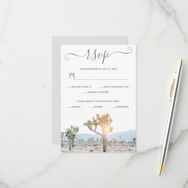 Elegant Boho Grey Greenery Custom Joshua Tree RSVP Card (Front/Back In Situ)