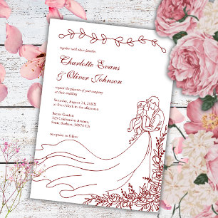 Elegant Boho Hand Drawn Couple  Burgundy  Wedding  Invitation