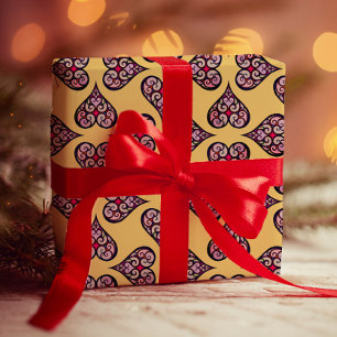 Elegant Boho Heart Pattern Decorative Yellow Craft Wrapping Paper