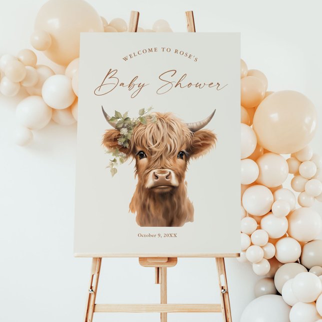 Elegant Boho Highland Cow Baby Shower Welcome Poster (Boho Highland Cow Script Baby Shower Welcome Sign.)