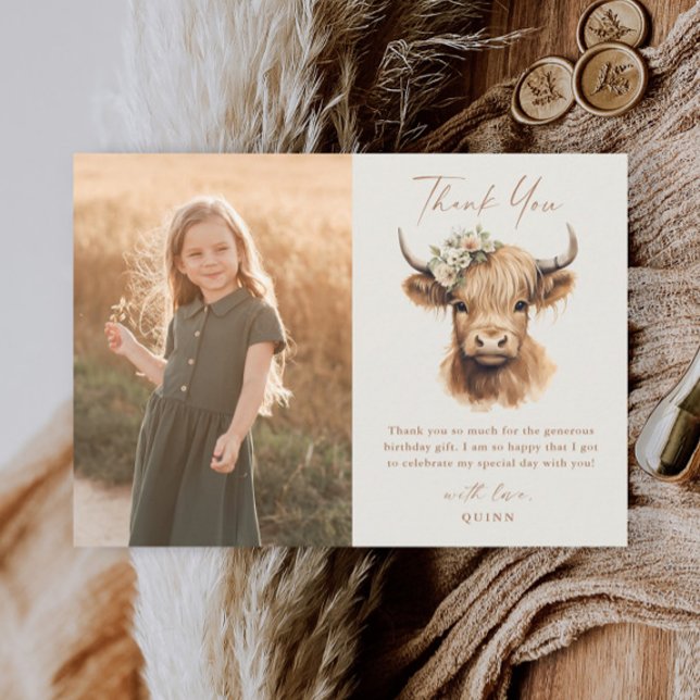 Elegant Boho Highland Cow Kids Photo Birthday Thank You Card (Boho highland cow script kids photo thank you card.)