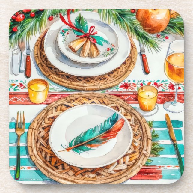  Elegant Boho-Inspired Christmas Holiday Décor  Coaster (Front)