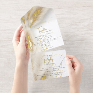 Elegant Boho Ivory and Gold Pampas Foil All In One Invitation