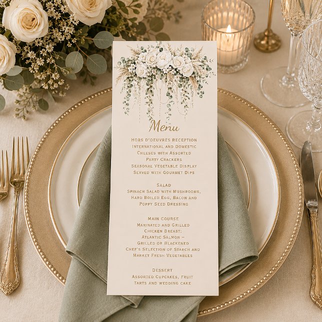 Elegant Boho Ivory Roses Pearls Wedding | Menu (Creator Uploaded)