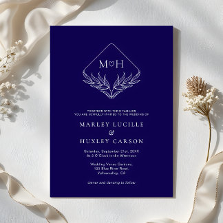 Elegant Boho Leaf Monogram Dark Blue Wedding Invitation