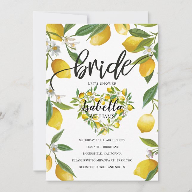 Elegant Boho Lemon Heart Summer Bridal Shower Invitation (Front)
