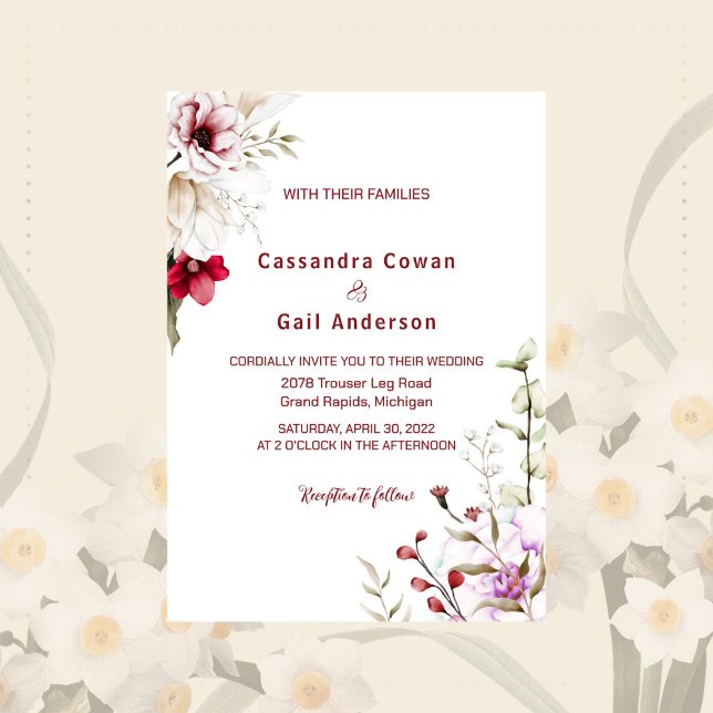 Elegant Boho Maroon Flower Wedding Invitation (Creator Uploaded)