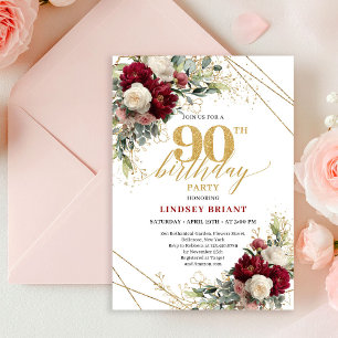 Elegant Boho Maroon White Roses Gold 90th Birthday Invitation