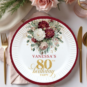 Elegant Boho Marsala Floral 80th Birthday Paper   Plate