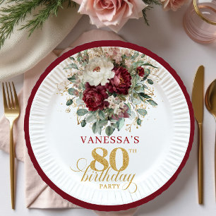 Elegant Boho Marsala Floral 80th Birthday Paper  Plate