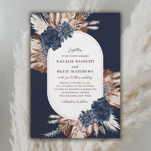Elegant Boho Navy and Brown Florals Oval Wedding Invitation