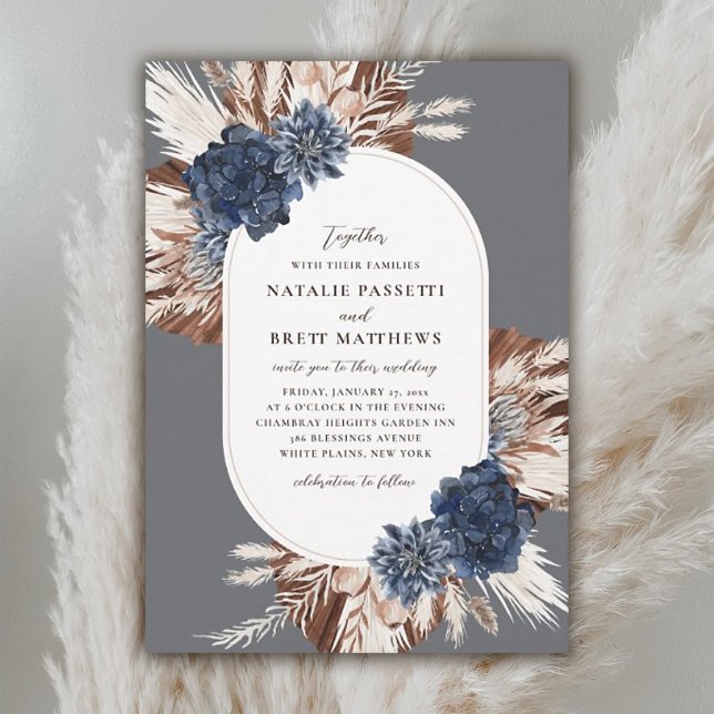 Elegant Boho Navy and Brown Florals Oval Wedding  Invitation (Creator Uploaded)