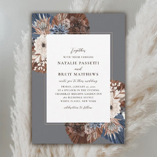 Elegant Boho Navy and Brown Florals Wedding Invitation