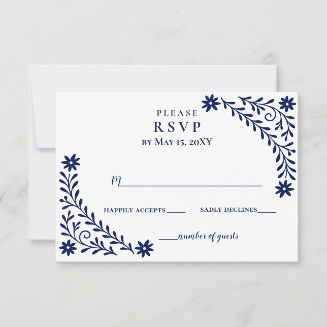 Elegant Boho Navy Floral Wedding  RSVP Card (Front)