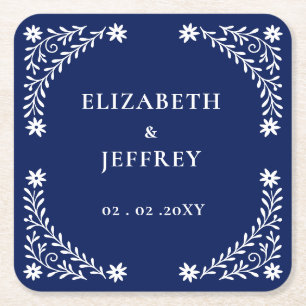 Elegant Boho Navy Floral Wedding Square Paper Coaster