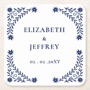 Elegant Boho Navy Floral Wedding  Square Paper Coaster