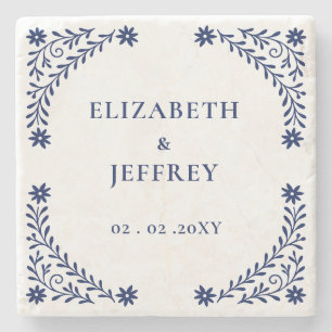 Elegant Boho Navy Floral Wedding  Stone Coaster