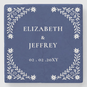 Elegant Boho Navy Floral Wedding  Stone Coaster