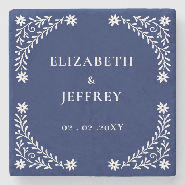 Elegant Boho Navy Floral Wedding  Stone Coaster (Front)