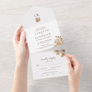 Elegant Boho Neutral Floral Accents Wedding All In One Invitation