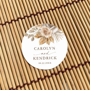 Elegant Boho Neutral Floral Accents Wedding Favour Classic Round Sticker