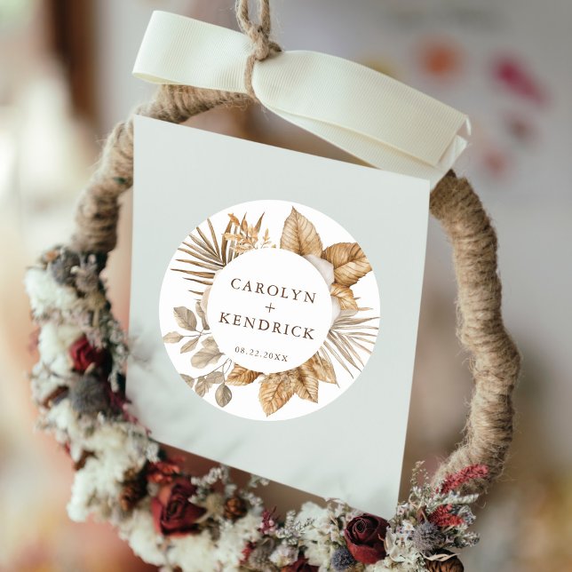 Elegant Boho Neutral Floral Accents Wedding Favour Classic Round Sticker (Creator Uploaded)