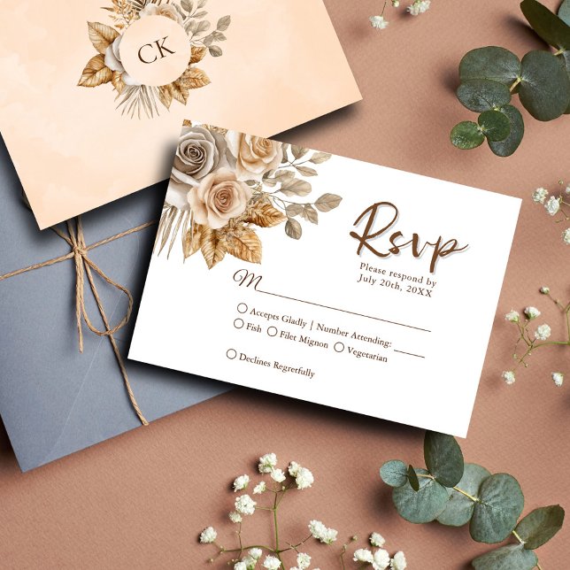 Elegant Boho Neutral Floral Accents Wedding RSVP Card (Creator Uploaded)