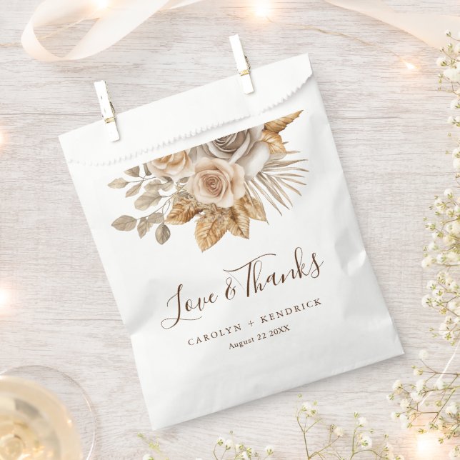 Elegant Boho Neutral Floral Love & Thanks Wedding Favour Bags (Clipped)