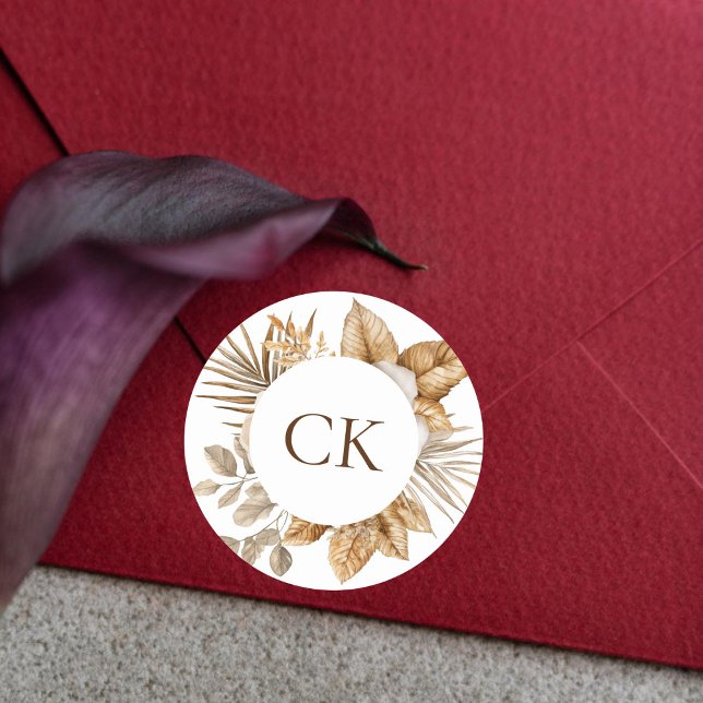 Elegant Boho Neutral Floral Monogram Wedding Favou Classic Round Sticker (Creator Uploaded)
