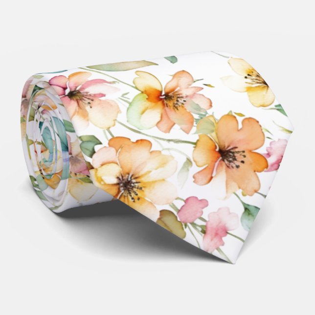 Elegant Boho Orange Pink Watercolor Wildflowers Tie (Rolled)