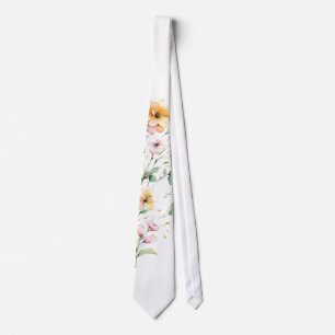 Elegant Boho Orange Pink Watercolor Wildflowers Tie