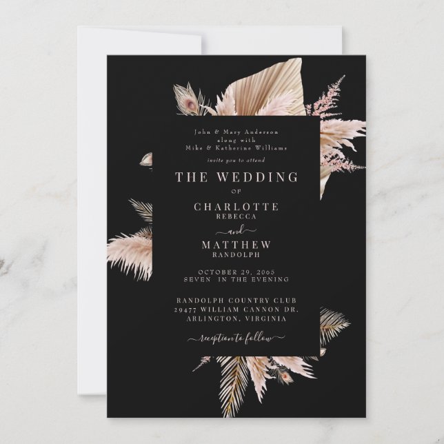 Elegant Boho Pampas Black Wedding Invitation (Front)