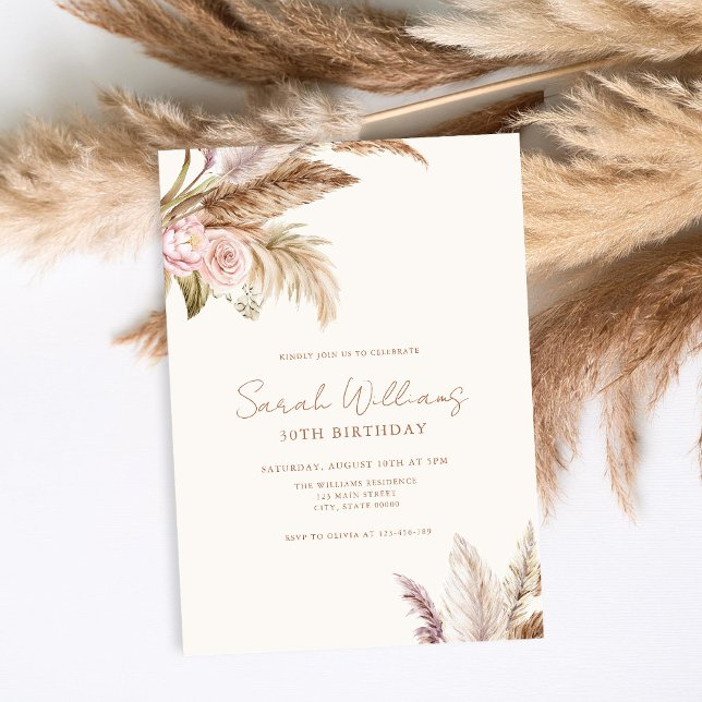 Elegant Boho Pampas Floral 30th Birthday  Invitation (Creator Uploaded)