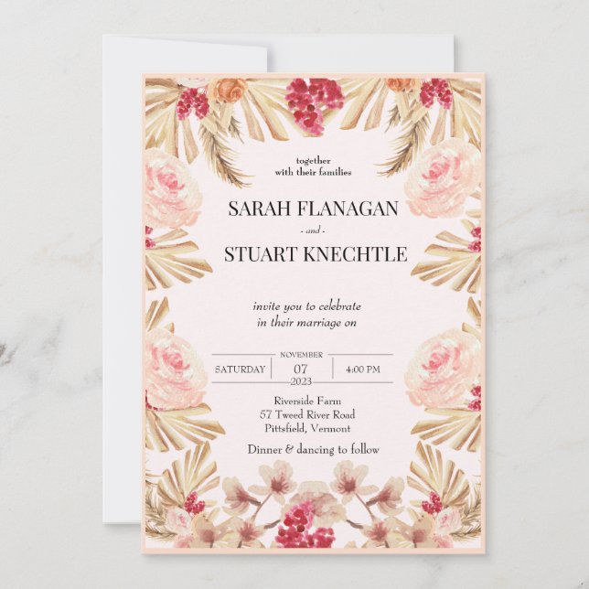 Elegant Boho Pampas Grass Watercolor  Invitation (Front)