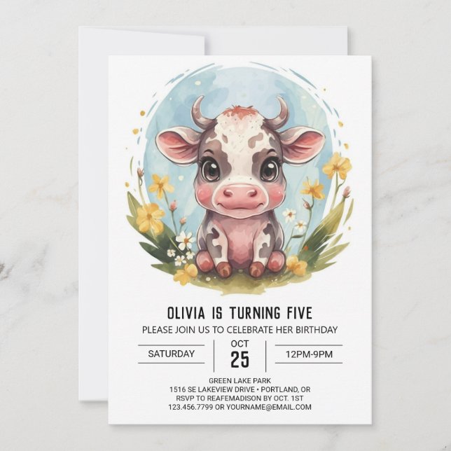  Elegant Boho Pastel Cow Birthday Invitation (Front)