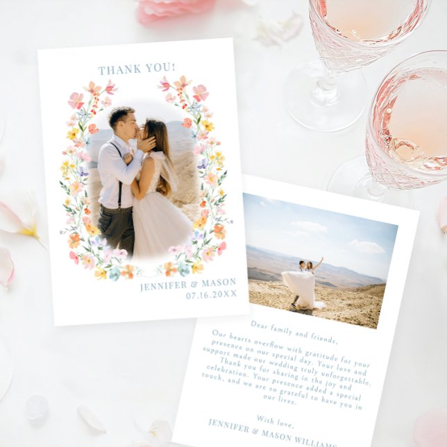 Elegant Boho Pastel Floral Wreath Wedding Photo Thank You Card (Creator Uploaded)