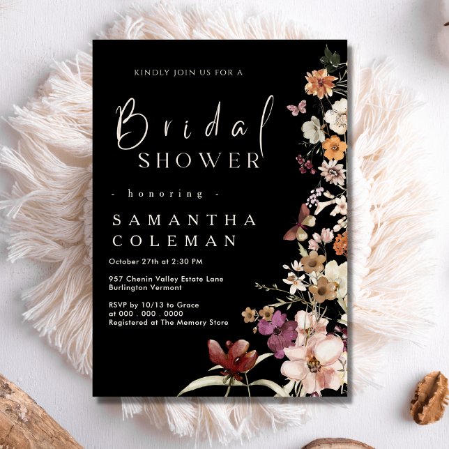 Elegant Boho Pastel Wildflower Black Bridal Shower Invitation (Creator Uploaded)