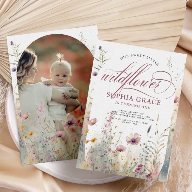 Elegant Boho Photo Wildflower 1st Birthday Invitation (Creator Uploaded)