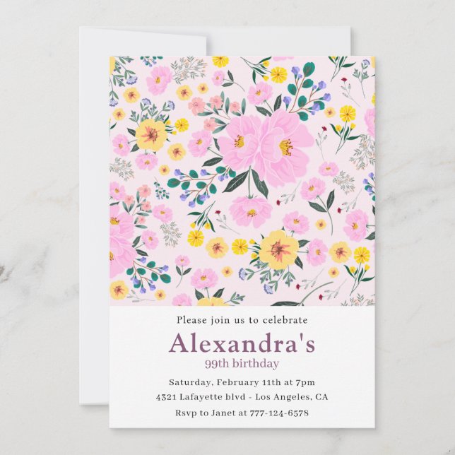 Elegant Boho Pink Floral 99th birthday Invitation (Front)